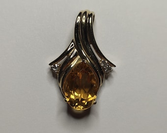14K Citrine and Three Diamond 585 Gold Pendant 6.4 Grams
