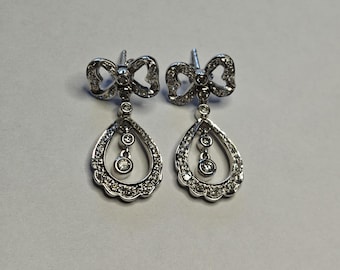 14K White Gold 585 Bow Motif Teardrop style Diamond Earring 5.8 Gram