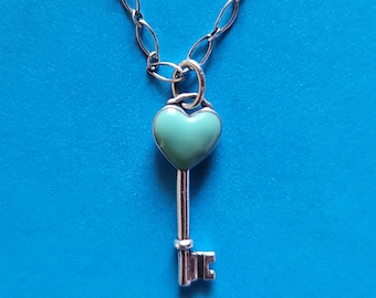 Tiffany Blue Enamel Heart Key Charm Pendant Necklace 925 Sterling  Silver