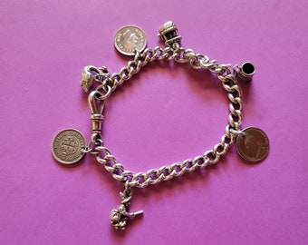 Sterling Silver Charm Bracelet 36 grams 1960's (Luck Magic) 8 Inch