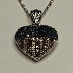 May include: A silver-toned necklace with a heart-shaped pendant. The pendant is encrusted with small, sparkling stones in a color pattern of blue, white, and brown. The chain is a delicate, twisted design.