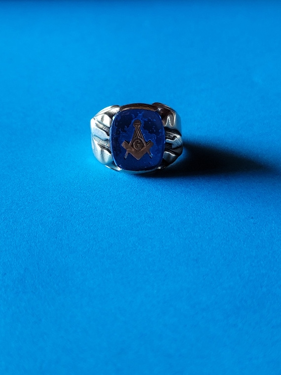 Blue Stone Men's Masons Gold Ring 10K Damaged, De… - image 1