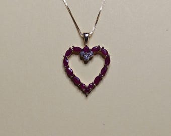 14K Ruby and Diamond Heart 585 Gold Necklace Box Chain 2.8 Grams 17.5 Inch