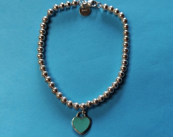 Tiffany & Co. Blue Enamel Heart Charm Beaded Bracelet Silver 6.75 Inch 5.7 gram