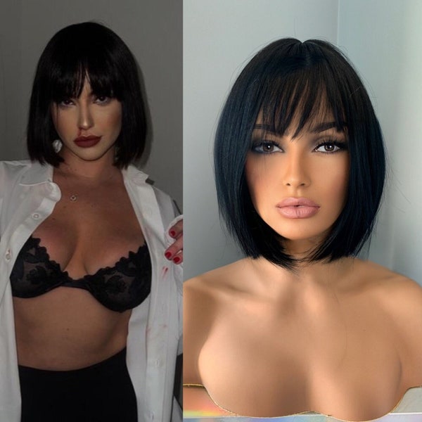 Pulp Fiction Mia Wallace Cosplay Costume Wig Short Black Straight 10 inch Bob Wig with Bangs - Maya