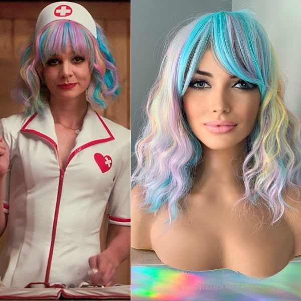 Short Pastel "Promising Young Woman" Costume Cosplay Rainbow Synthetic 14 inch Body Wave Wig with Bangs - Cassandra