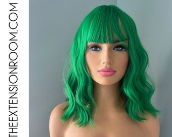 Green Short 16" Wavy Synthetic Wig with Bangs - Fern