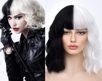 Cruella Deville Black and White Two Tone Wig Cosplay Costume Synthetic Wig with Bangs