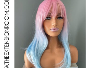 Pastel Pink Blue Ombre Rainbow 16 inch Wig with Bangs - Sugar