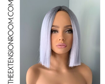 Grey Short Purple Wig Straight 10 inch Bob Synthetic Lace Front Wig - Faith