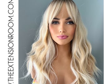 Rooted Blonde 20 inch Synthetic Wig with Beachy Waves and Bangs - Farah