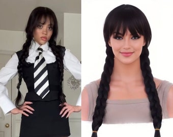 Wednesday Adams Cosplay Costume Black Synthetic Wig With Long Braid Pigtails With Bangs