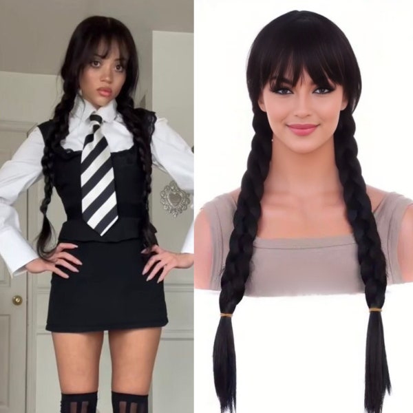 Wednesday Adams Cosplay Costume Black Synthetic Wig With Long Braid Pigtails With Bangs