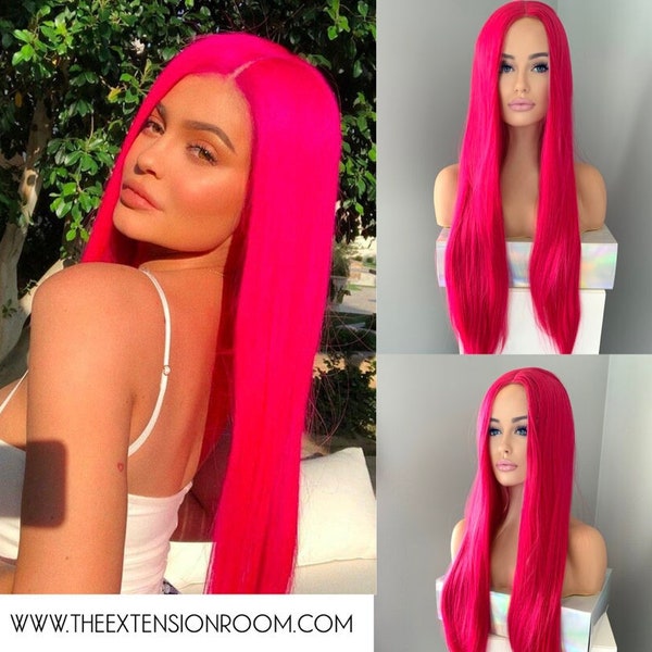 Kylie Jenner Wig Long Neon Pink 32 inch Silky Straight Lace Front Wig - Kitty