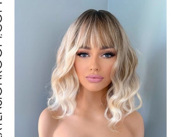Short Blonde Synthetic 14 inch Body Wave Wig with Bangs with Roots - Rebecca