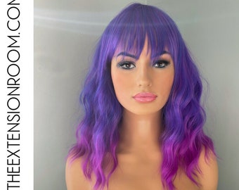 Ombre Purple Wig Synthetic Wig 16 inch Body Wave Wig with Bangs - Lydia