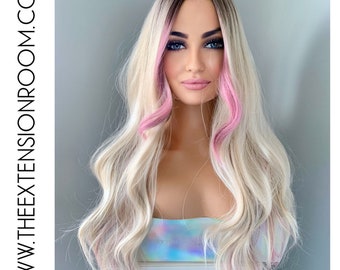 Long Blonde Wig 24 inch Synthetic Wig with Pink Money Piece Highlights - Emily