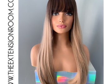 Rooted Dark Blonde Synthetic 24 inch Wig with Bangs - Anna