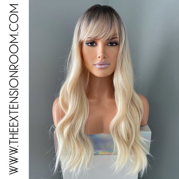 Long Blonde Wig Rooted Synthetic Wig 20 Inch Wig with Bangs - Camille