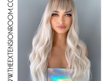 Rooted White Icy Blonde 24 inch Synthetic Wig with Bangs - Blaire