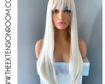 Long White Blonde 30 inch Synthetic Wig with Bangs - Becky