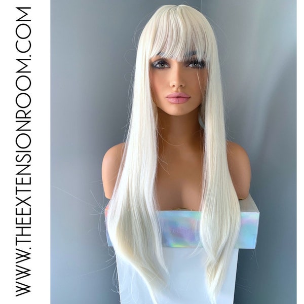 Long White Blonde 30 inch Synthetic Wig with Bangs - Becky