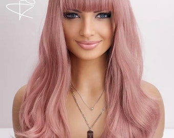 Baby Pink 24 inch Wavy Synthetic Wig with Bangs - Ashlee