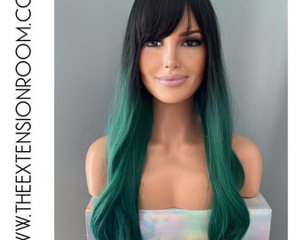 Long Ombre Green Wig 22" Curled Synthetic Wig with Bangs - Gemma