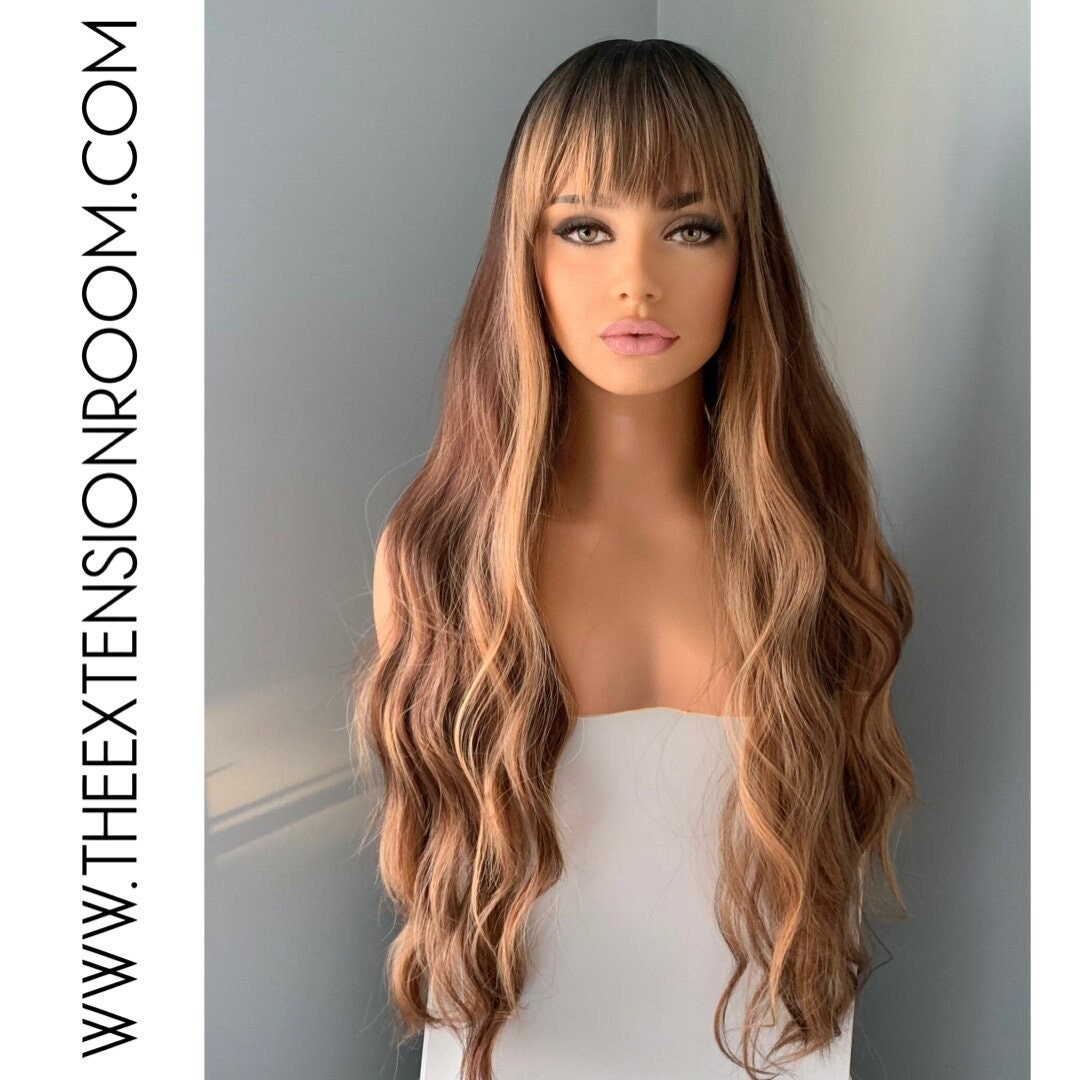 Highlighted Long 30 Inch Wavy Brown Synthetic Wig Carmen Etsy