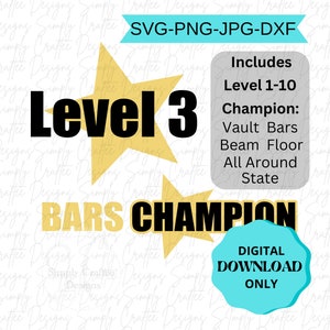 Gymnastik Stufen 1-10 & Champs SVG PNG JPG dxf | Vault Bar Trägerboden Rundum Zustands-Champion | Team Wettbewerb Turnerin Künstlerisches Geschenk