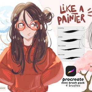 Può includere: Illustrazione digitale con una ragazza e un personaggio simile a un gatto. L'immagine include esempi di tratti di pennello e un mini pacchetto di pennelli Procreate con 4 pennelli. È visibile anche il testo "Like a Painter".