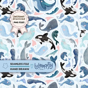 May include: A seamless digital pattern featuring watercolor illustrations of various whales, orcas, and narwhals in shades of blue, black, and white, accented with small pink hearts and bubbles. The image includes text reading INSTANT DOWNLOAD PNG FILES.