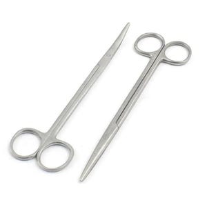 May include: Two stainless steel surgical scissors are shown on a white background. One pair has a straight blade, the other has curved blades. Both scissors feature finger rings for control. These scissors are designed for precision cutting in medical or craft applications.