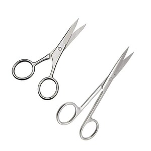 May include: Two pairs of silver-colored scissors with rounded finger holes. The blades are sharp and pointed, designed for precision cutting. The scissors are made of a shiny, metallic material.