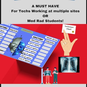 May include: Editable technique chart for medical professionals. The chart is divided into two sections: anatomy and technique. The anatomy section lists different body parts, such as the chest, shoulder, and spine. The technique section lists the corresponding technical settings for each body part, such as kVp and mAs. The chart is designed to be used by medical technicians working in multiple sites or by medical radiation students.