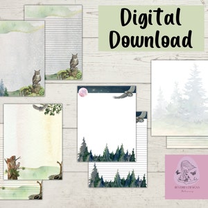 Printable Stationery Set US Letter Size PDF, Instant Download Stationery Paper Pack, Printable Woodsy Owls Pages, Pine Trees, Night Sky