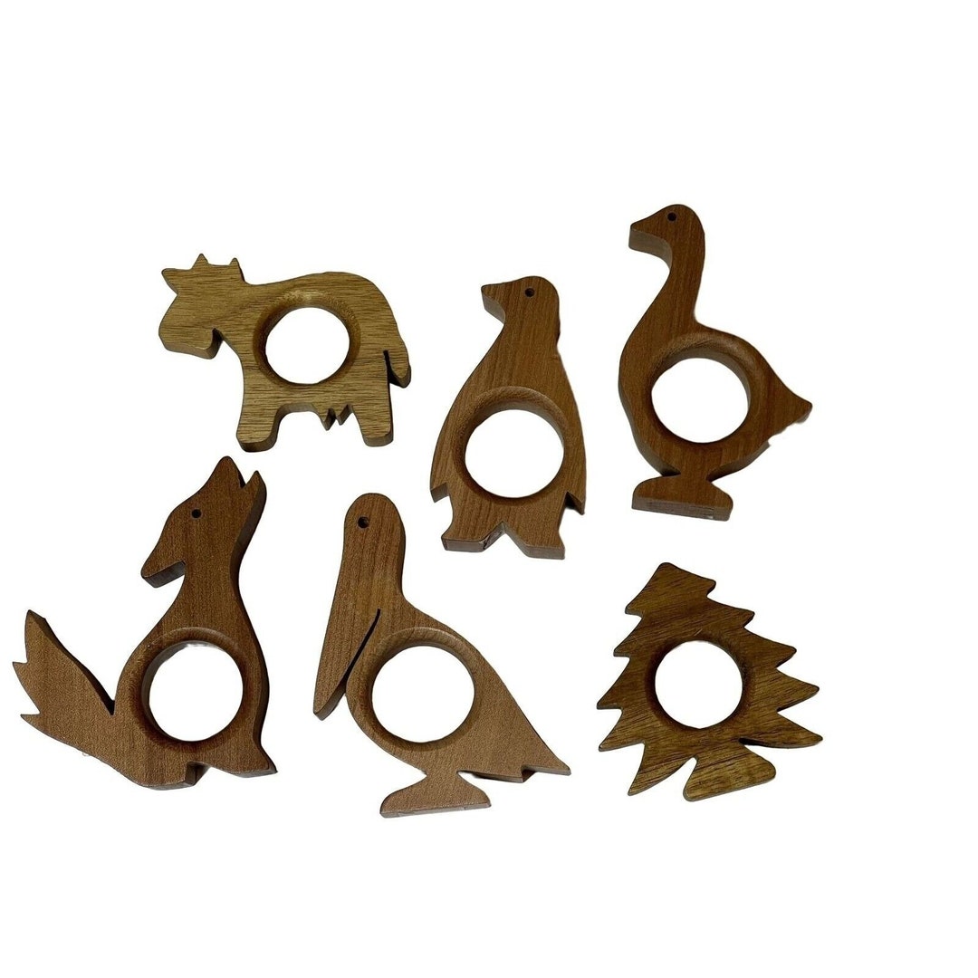 Vintage Carved Wood Animal Napkin Rings Cabin Cow Pelican Wolf Etsy