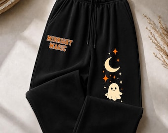 Midnight Magic Halloween Sweatpants, Ghost Moon Pumpkin Graphic, Black Fleece Joggers
