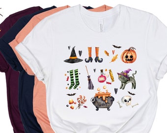 Halloween Doodles Vintage Halloween Shirt Fall Apparel Witchy Clothing Witchy Clothes Fall T-Shirt Short Sleeve Halloween Vintage Tshirt