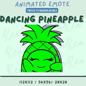 Peut inclure: Emoji animé d'un ananas vert avec un visage souriant, qui fait un clin d'œil et qui danse. L'ananas porte une chemise à motifs verts et jaunes. Le texte "DANCING PINEAPPLE" est au-dessus de l'ananas. Le texte "TWITCH.TV/BADGIRLREAREA" est en dessous de l'ananas. Le texte "112X112/56X56/28X28" est en bas de l'image.