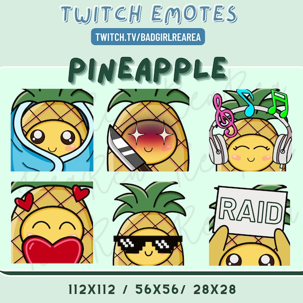 Cute Pineapple Fruit Emotes | Twitch, Discord, YouTube, Facebook, Instagram | Kawaii, Chibi | 6 pack emote