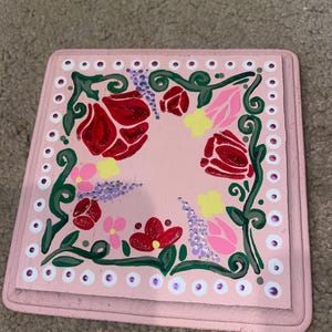 floral hand-painted pink wooden plaque