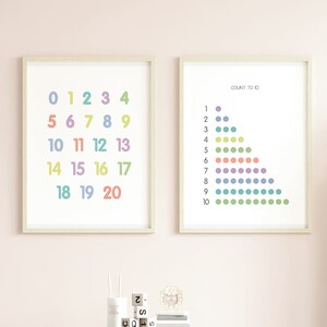 Impresión de números / 123 carteles / Números 1-20 / Contar hasta 10 / Arte mural imprimible / Impresiones educativas / Decoración de paredes de guardería / Decoración de habitaciones para niños