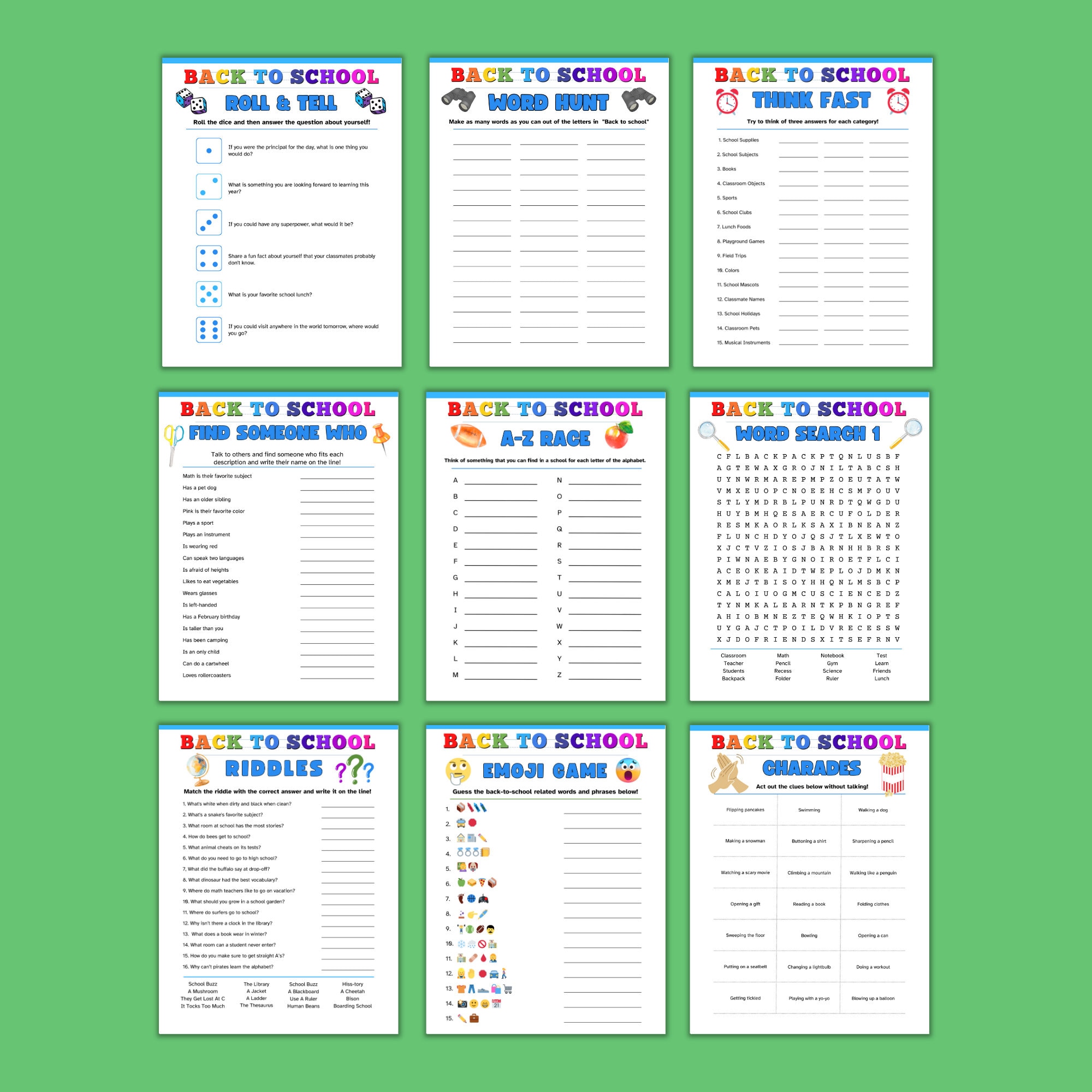 Back to School Games Printable, Elementary Game Bundle, First Day of ...