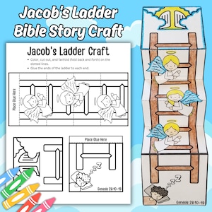Puede incluir: Un proyecto de manualidades titulado "Jacob's Ladder Bible Story Craft" que presenta un diseño de escalera con ángeles. La imagen incluye instrucciones y una escalera completa con ángeles, y el texto "Génesis 28:10-19".