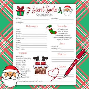May include: A printable Secret Santa questionnaire with sections for allergies, favorite snacks, drinks, and stores, as well as a yes or no section for items like mugs, games, and candles. There is also a section for dislikes and a wish list.