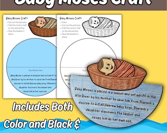 Storia biblica stampabile del bambino Mosè per bambini, lezione della scuola domenicale, attività da colorare dell'Antico Testamento con ritaglio e incolla per la chiesa dei bambini