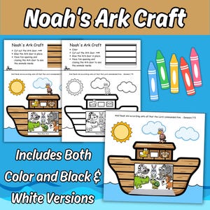 K&ouml;nnte beinhalten: Ein Noah-Arche-Bastelset mit farbigen und schwarz-wei&szlig;en Druckvorlagen. Die Bl&auml;tter enthalten Anleitungen, eine Sonne, Wolken und eine Arche mit einer T&uuml;r, die sich &ouml;ffnen l&auml;sst, um verschiedene gezeichnete Tiere wie Zebra und Elefant zu zeigen.