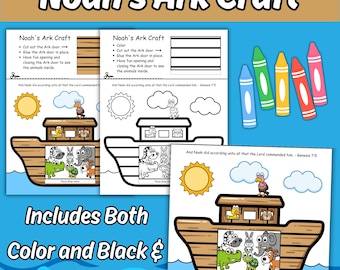 Puede incluir: Un set de manualidades del Arca de Noé con páginas imprimibles en color y en blanco y negro. Las hojas incluyen instrucciones, un sol, nubes y un arca con una puerta que se abre para revelar varios animales dibujados como una cebra y elefante.