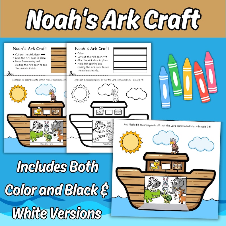 K&ouml;nnte beinhalten: Ein Noah-Arche-Bastelset mit farbigen und schwarz-wei&szlig;en Druckvorlagen. Die Bl&auml;tter enthalten Anleitungen, eine Sonne, Wolken und eine Arche mit einer T&uuml;r, die sich &ouml;ffnen l&auml;sst, um verschiedene gezeichnete Tiere wie Zebra und Elefant zu zeigen.